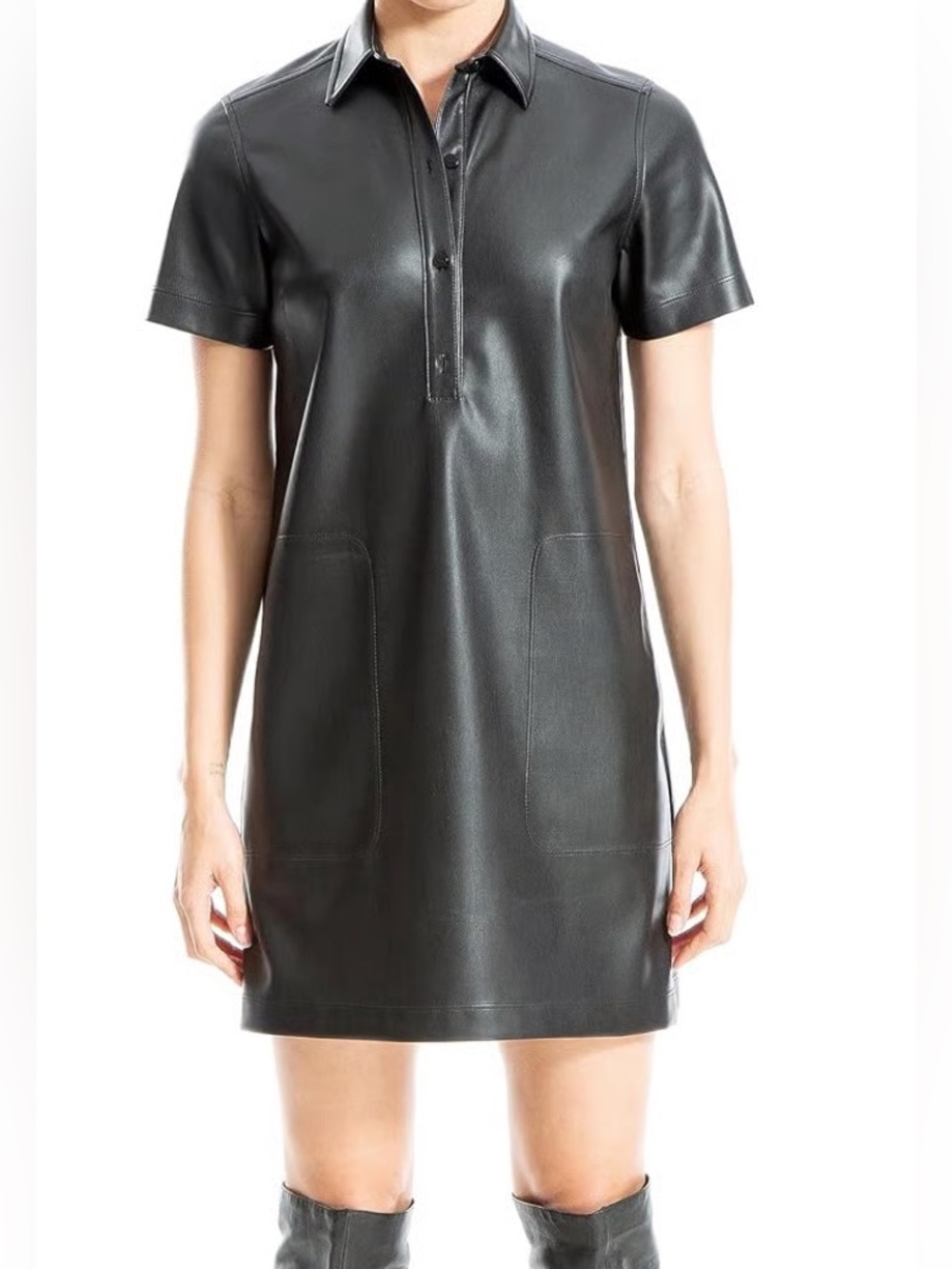 MAX STUDIO BLACK FAUX
LEATHER SHORT SLEEVE SHIRTDRESS DRESS SZ XS